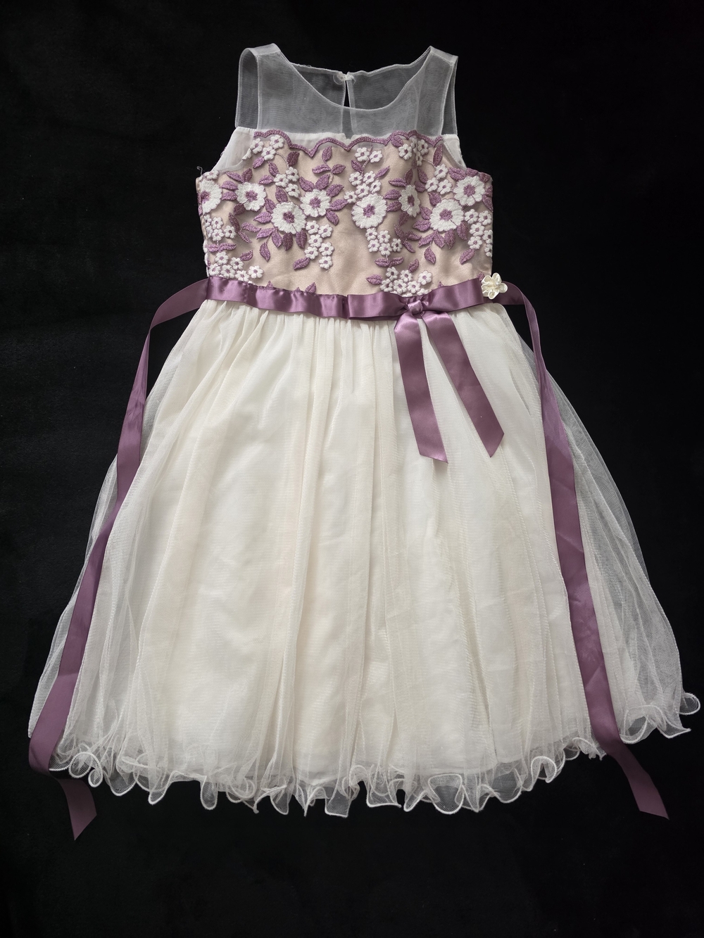 Rare Editions Ivory Tulle Dress with Lavender Floral Embroidery